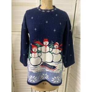 80s PRIVATE EYES Christmas Sweater Snowman Snowflakes Navy Women's Medium USA